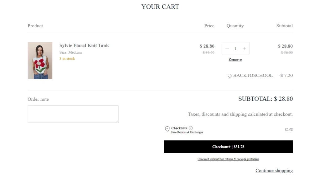 Cart page as displayed on Henly's website. 