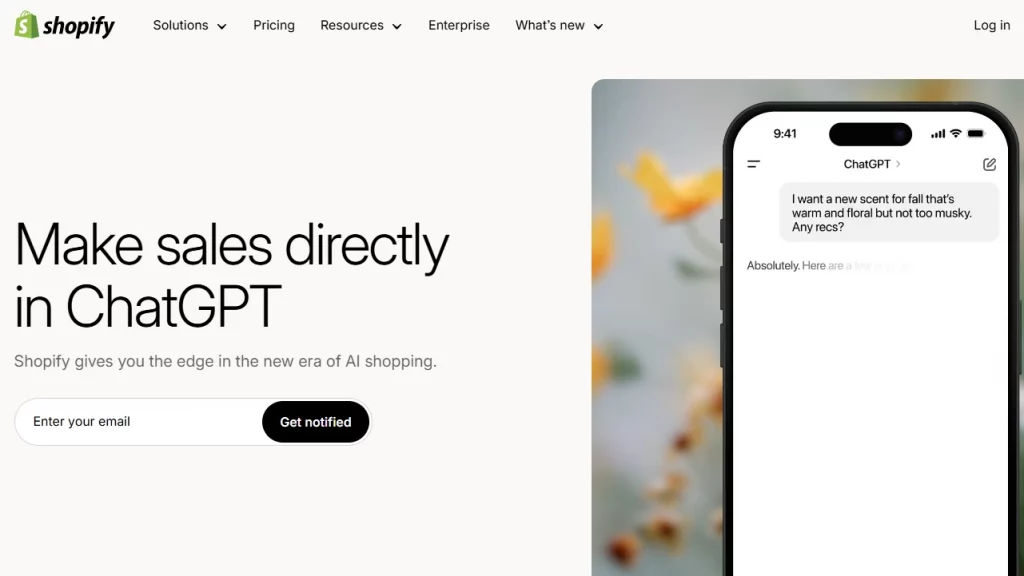 The Sell on ChatGPT webpage of Shopify. 