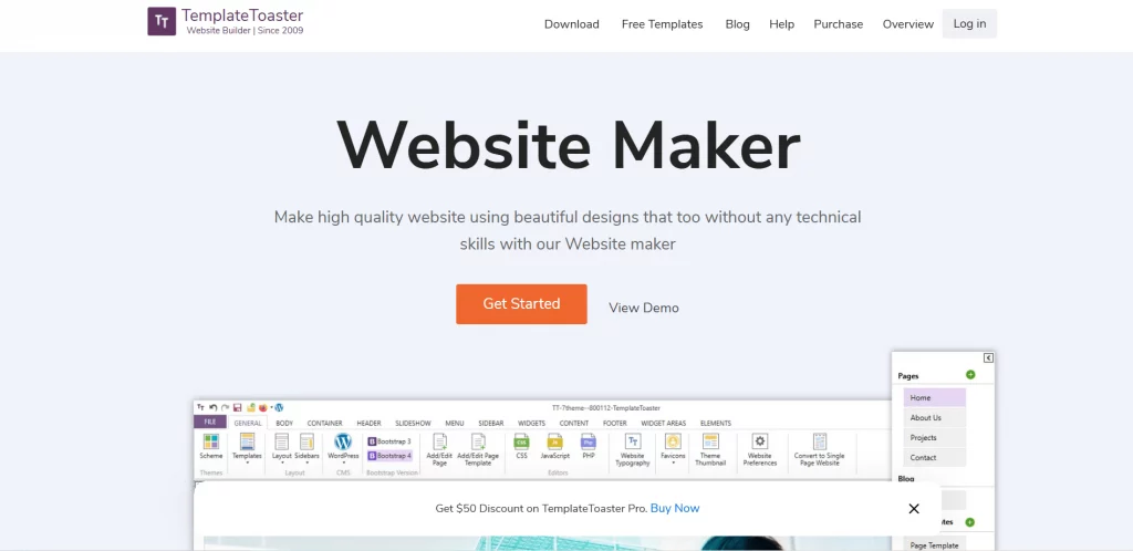Template Toaster homepage representing offline website builders