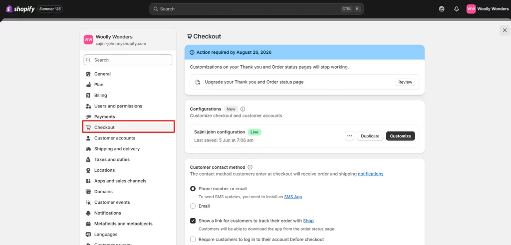 Image of Shopify admin highlighting check out button