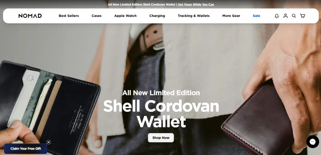 Nomad Shopify store example for premium leather goods and tech accessories