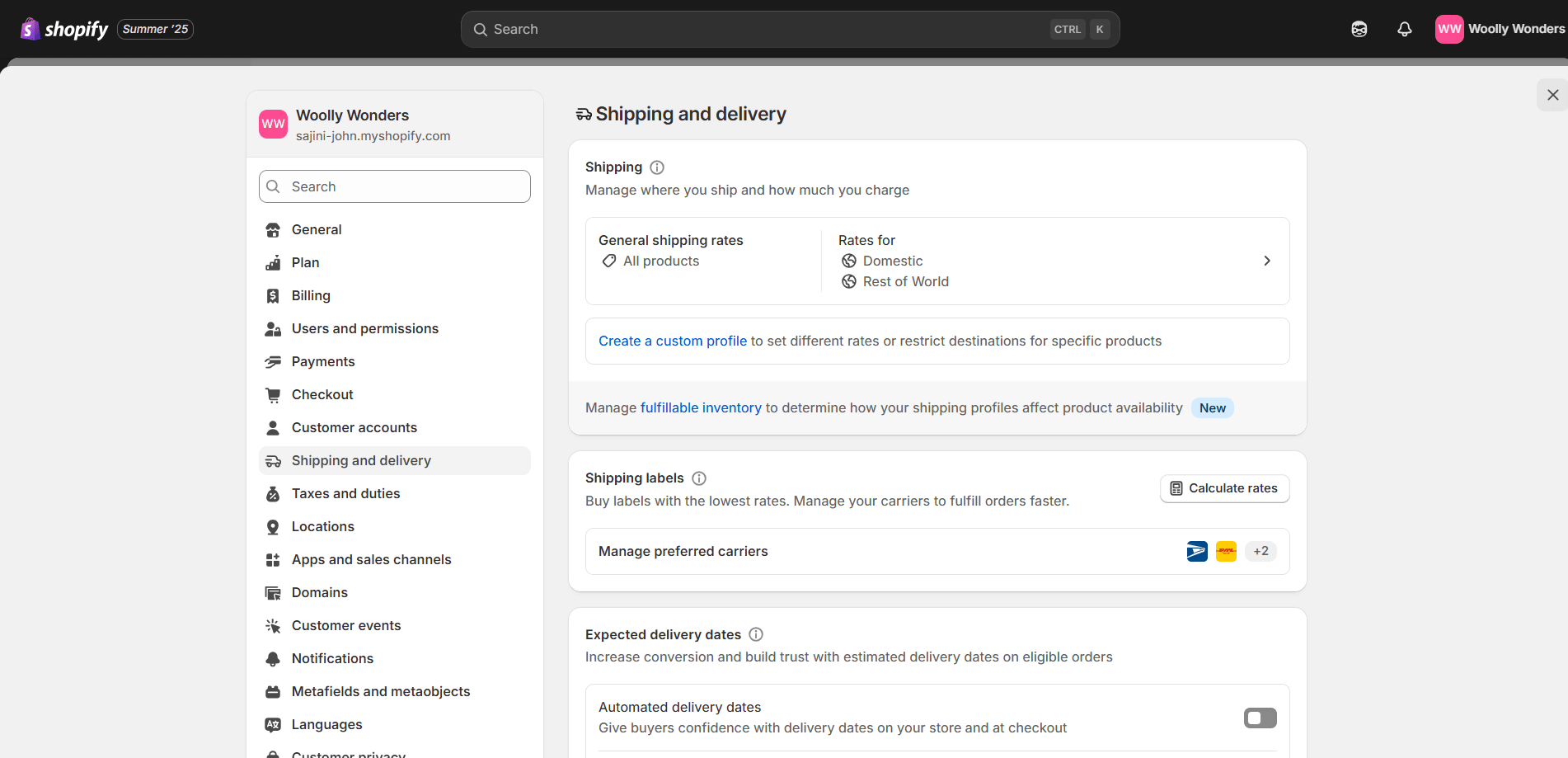 Shopify shipping and delivery settings page for configuring shipping options and rates