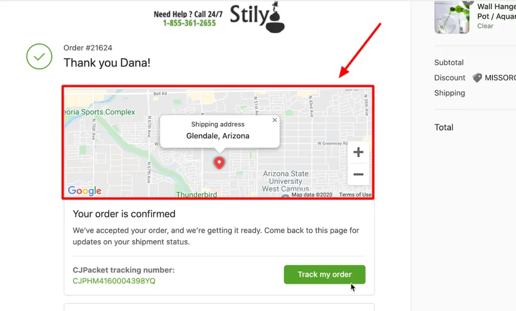 Image showing delivery tracking feature on a Thank You page for order confirmation