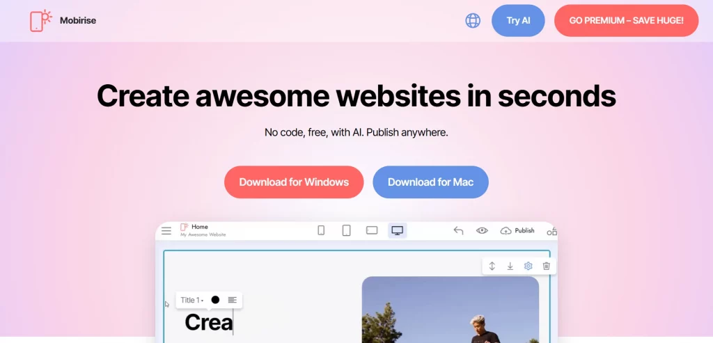 Mobirise homepage featuring a simple drag-and-drop website builder