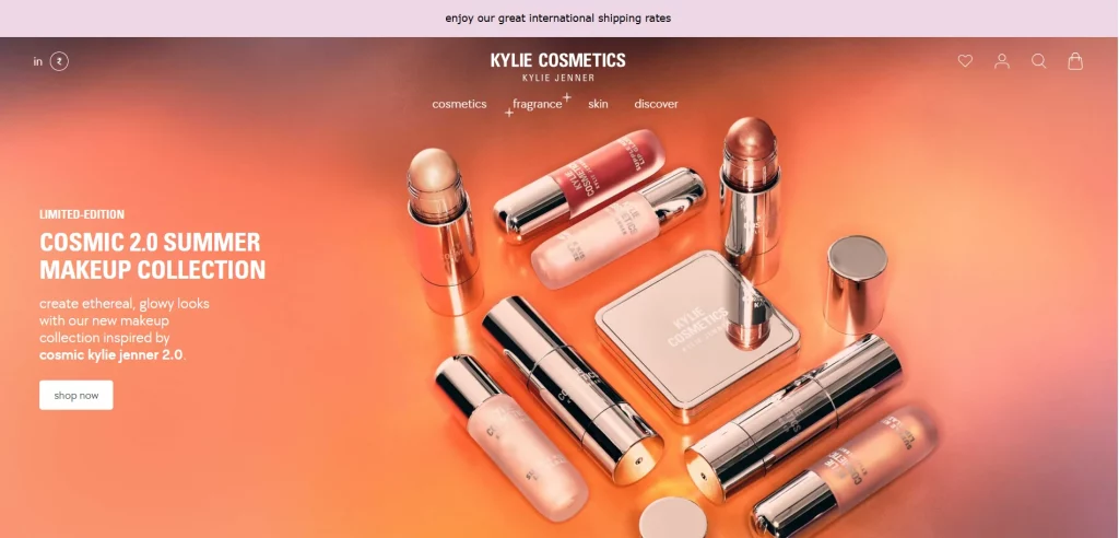 Kylie Cosmetics Shopify store example featuring makeup and skincare products