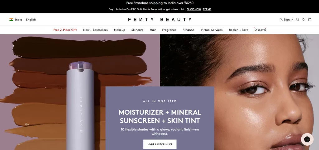 Fenty Beauty Shopify store example showcasing inclusive beauty products