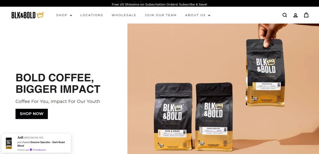BLK & Bold Shopify store example offering specialty coffee and teas