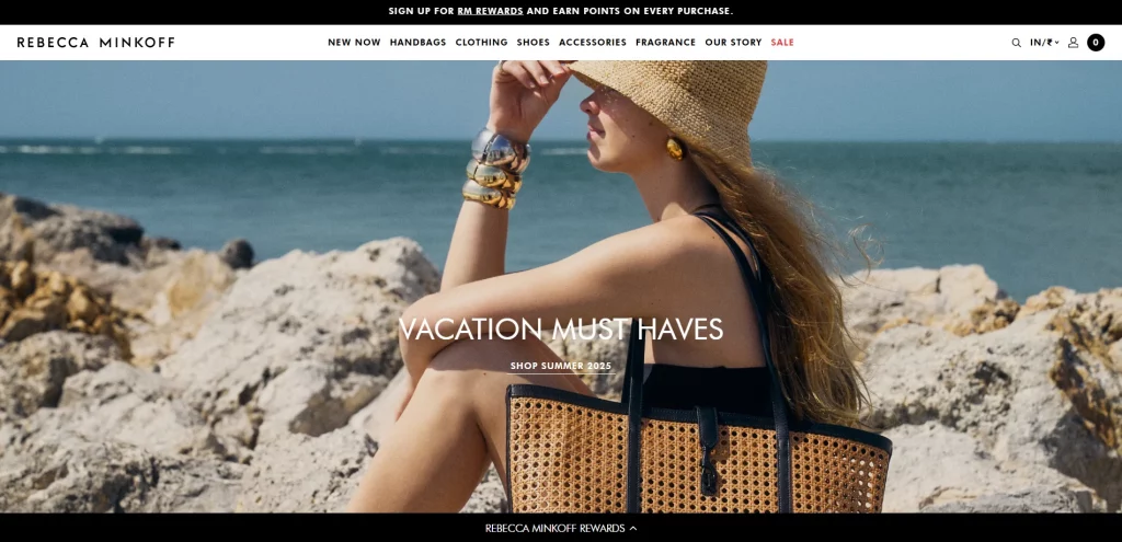 Rebecca Minkoff Shopify store example for luxury handbags and accessories