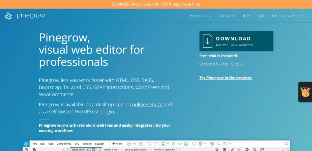 Screenshot of Pinegrow homepage representing offline website builders