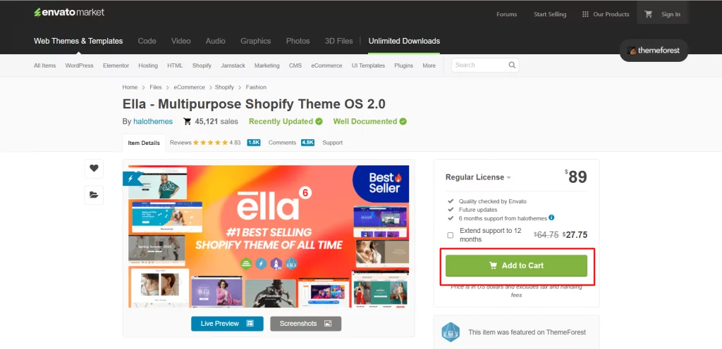 Ella Shopify theme's landing page on envato elements highlighting add to cart button