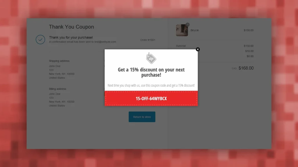 Image showing a discount and promo code on a Thank You page after checkout