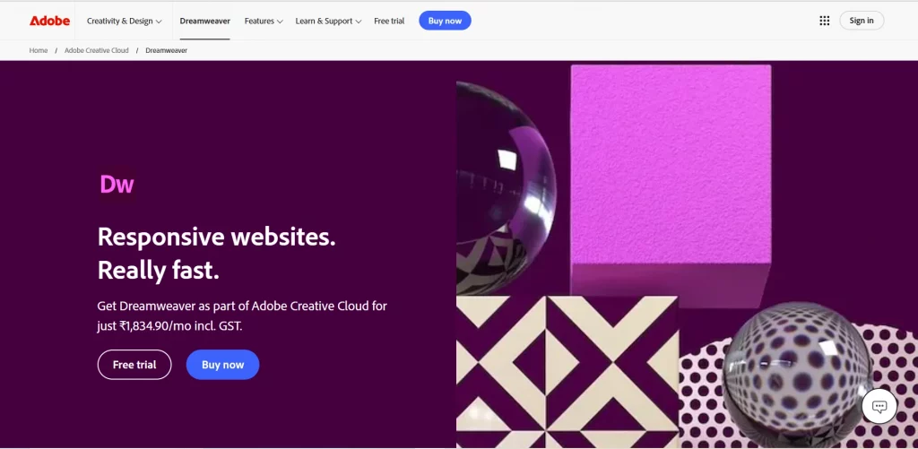 Adobe Dreamweaver homepage showcasing web design and development tools