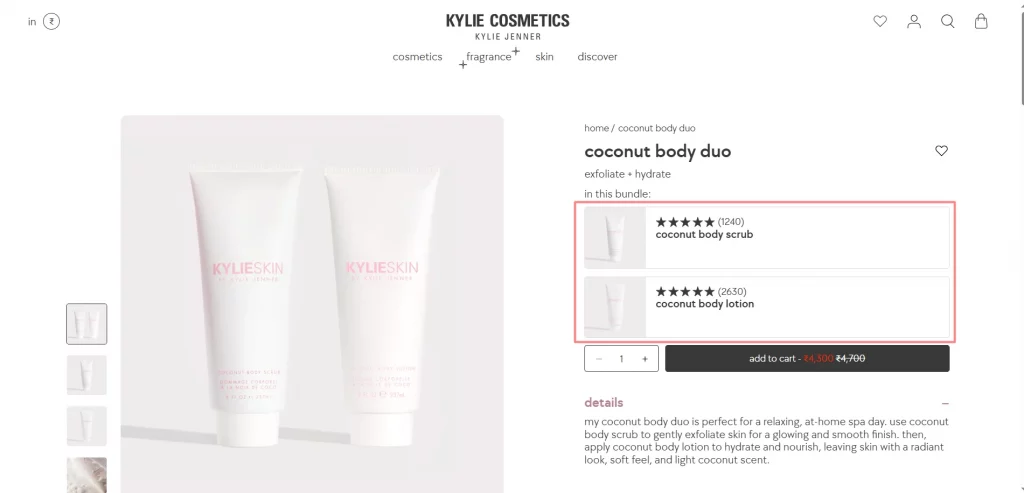 Kylie Cosmetics body duo with reviews, a product bundle example.
