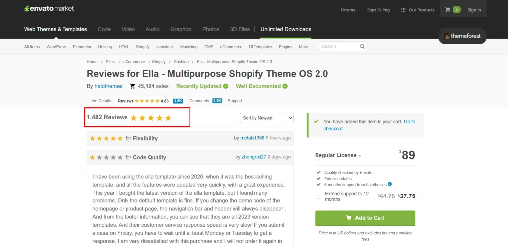 Ella theme's reviews listed on envato elements