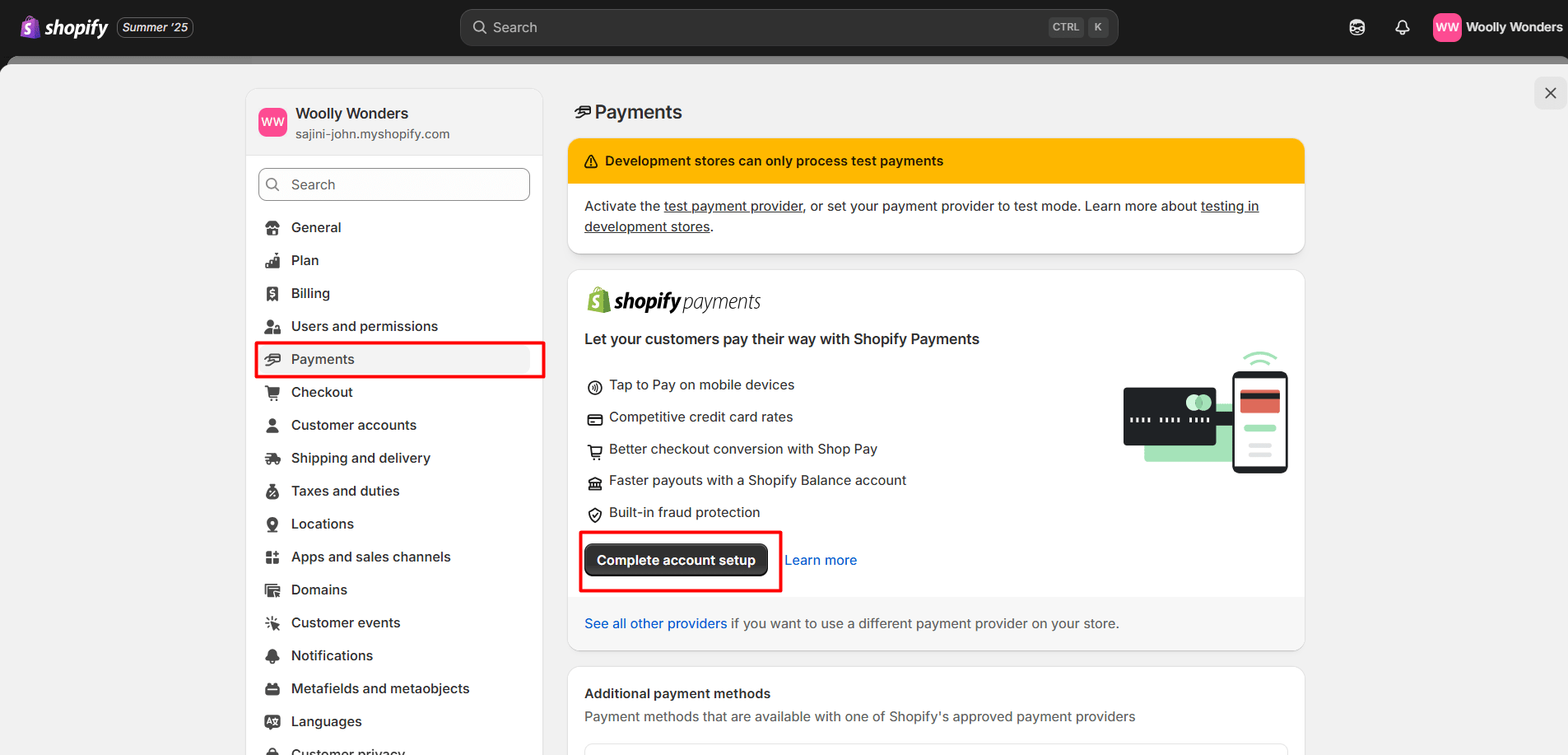 Shopify admin dashboard showing payment settings and the complete account setup button