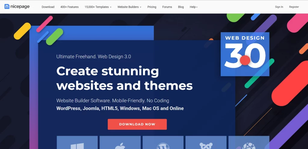 NicePage website builder interface featuring drag-and-drop design tools and customizable templates