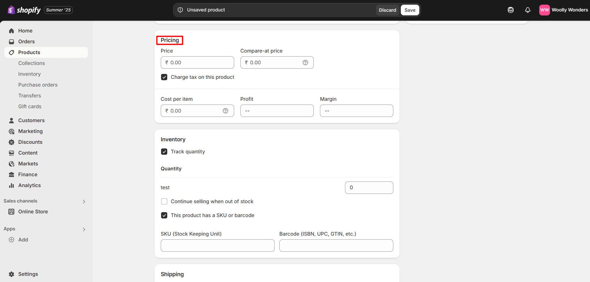 Shopify pricing setup page for adding car part prices in an online store