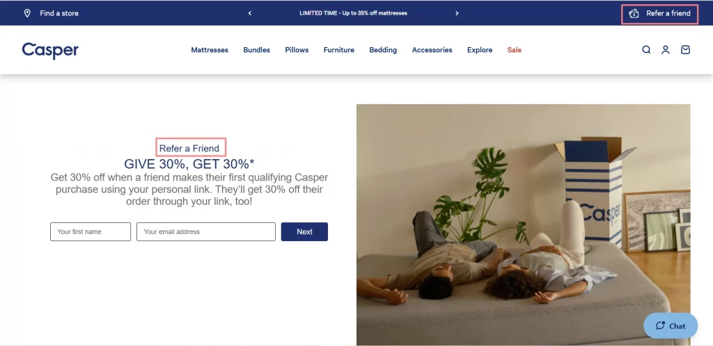 Casper's referral program  example