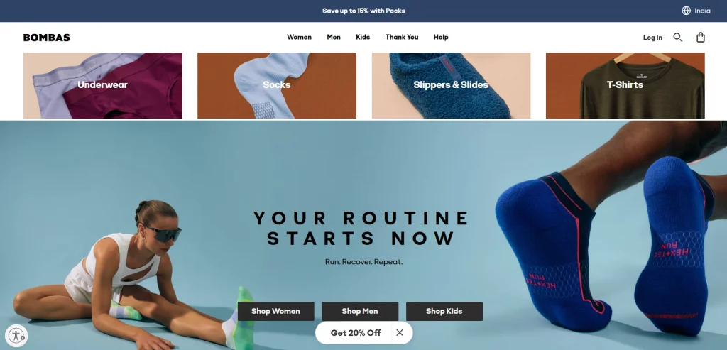 Bombas Shopify store example selling comfortable socks and apparel