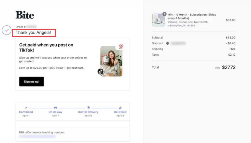 Image showing customer's name added on a thank you page