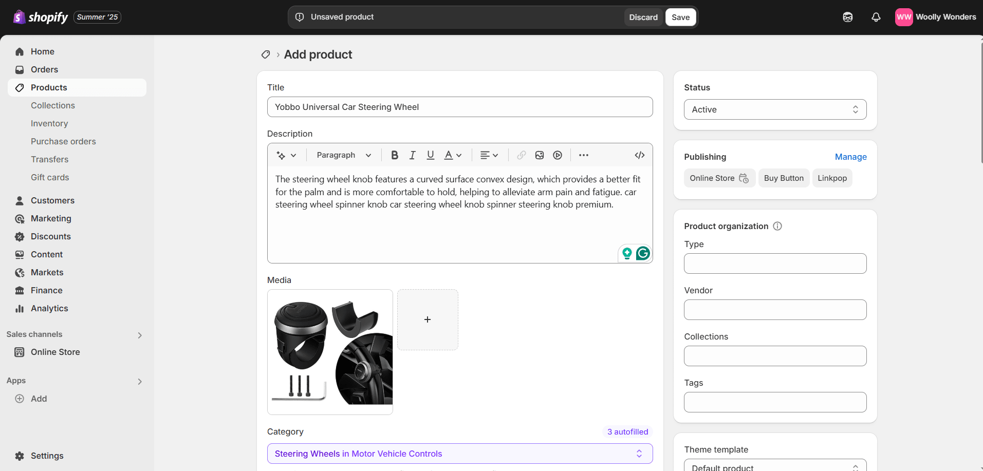 Shopify add product page with title and description fields for listing car parts