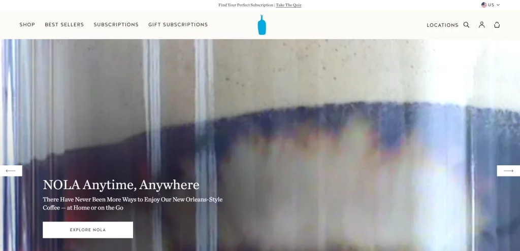 Blue Bottle Coffee Shopify store example selling specialty coffee beans and subscriptions