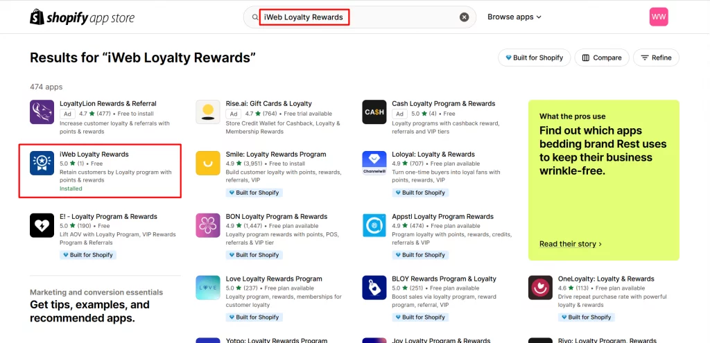 Shopify app store page