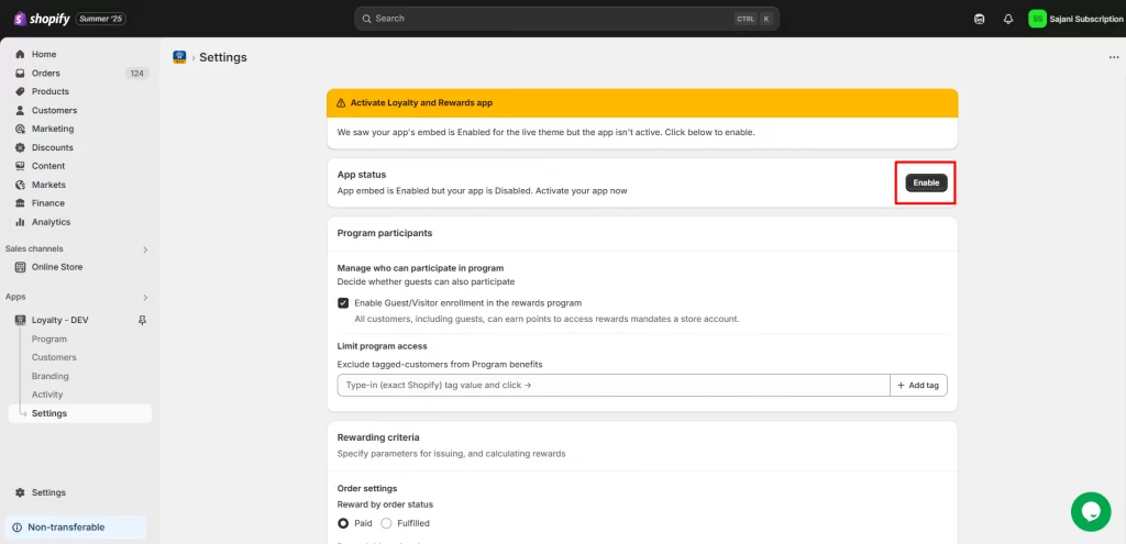 Settings for Best Shopify Loyalty Program