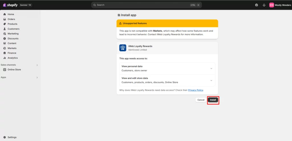 Shopify admin panel