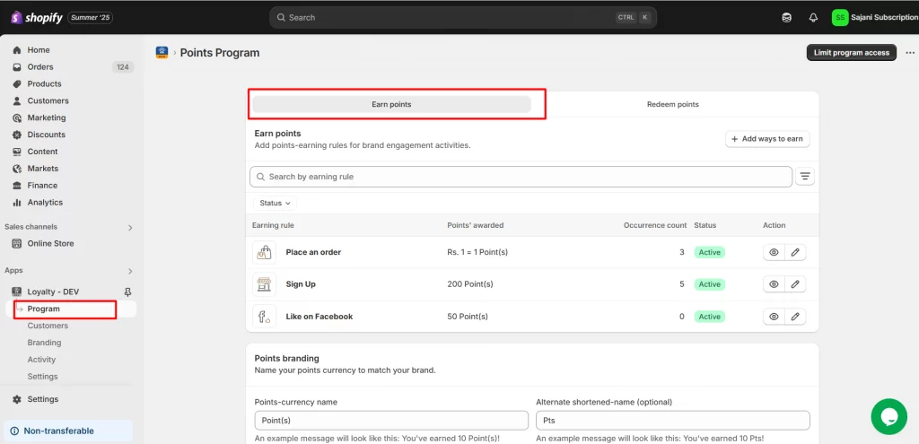earn point setup
