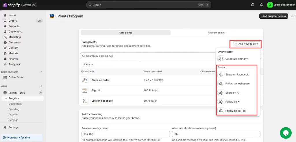 Set Earning Points through Social Media Engagement 
