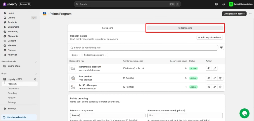 Redeem Point Setup