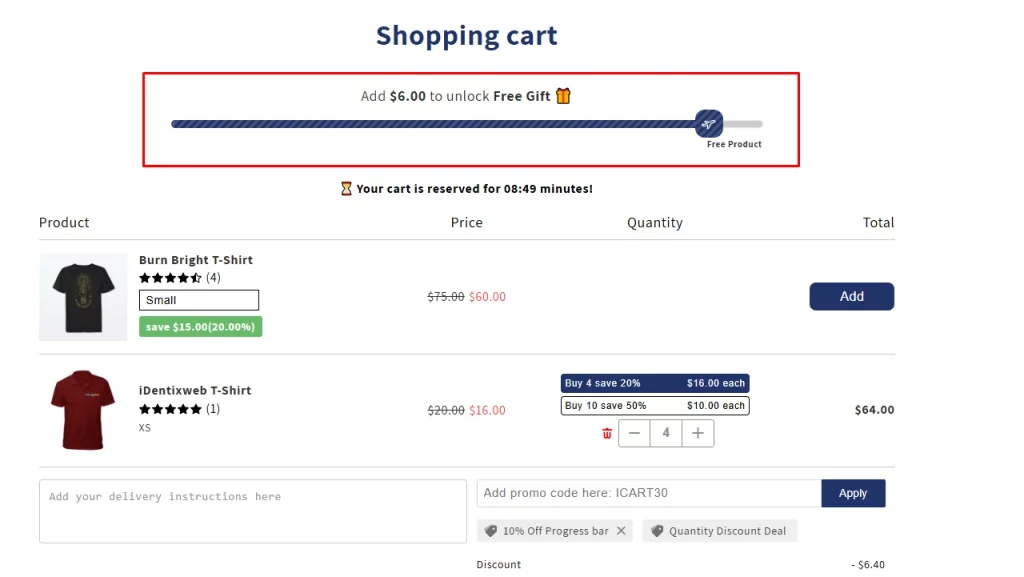 A progress bar is highlighted in the iCart upsell app interface. 
