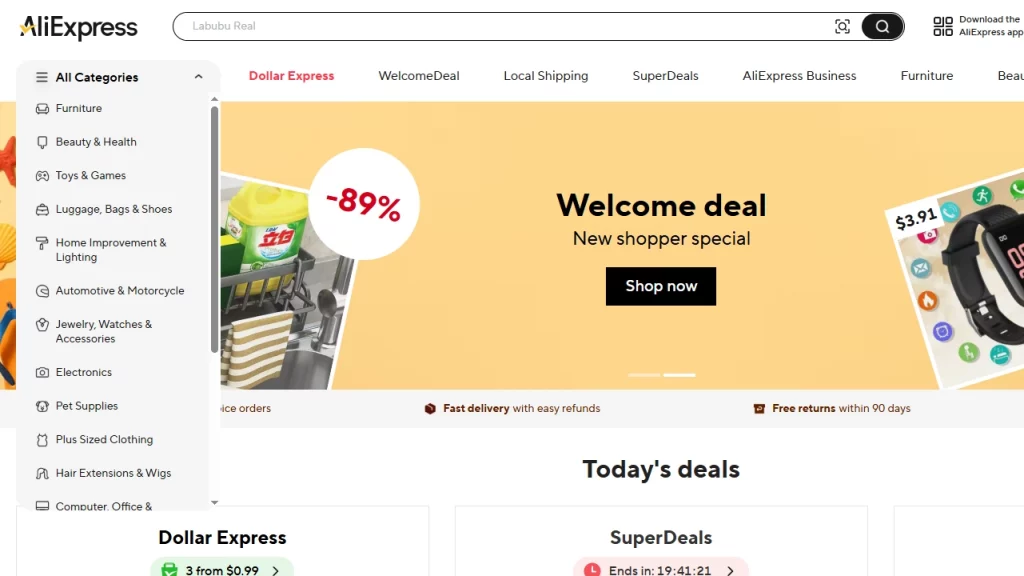 AliExpress, an example of a dropshipping clothing supplier. 