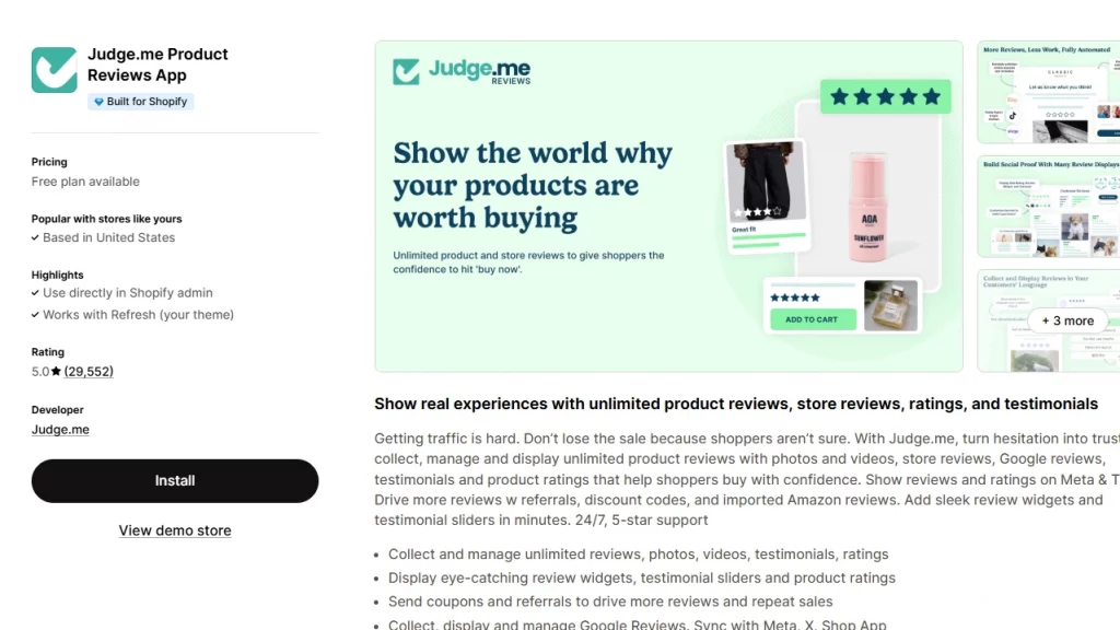 Shopify app homepage of Judge.me, the Shopify product review app. 