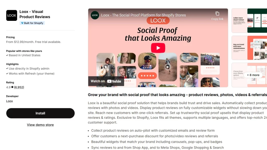 Shopify app homepage of Loox, the Shopify product review app. 