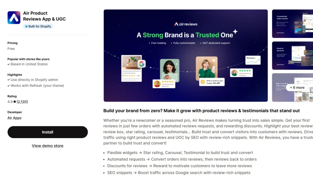 Shopify app homepage of Air, the Shopify product review app. 