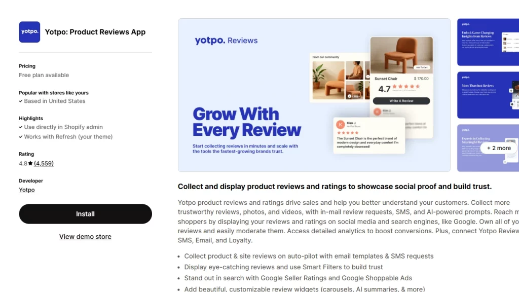 Shopify app homepage of Yotpo, the Shopify product review app. 