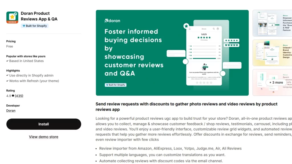 Shopify app homepage of Doran, the Shopify product review app. 