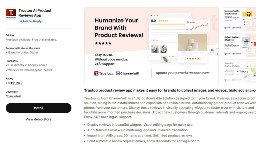Shopify app homepage of Trustoo, the Shopify product review app. 