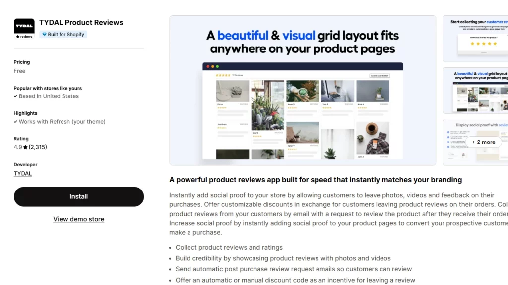 Shopify app homepage of Tydal, the Shopify product review app. 