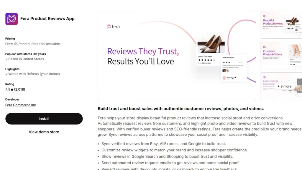 Shopify app homepage of Fera, the Shopify product review app. 