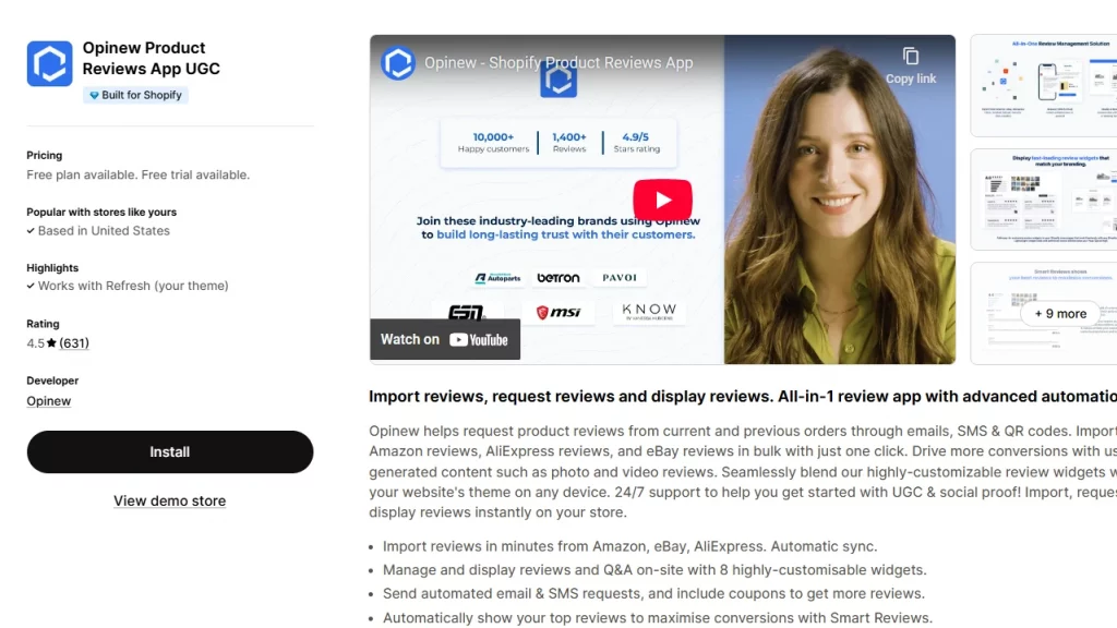 Shopify app homepage of Opinew, the Shopify product review app. 