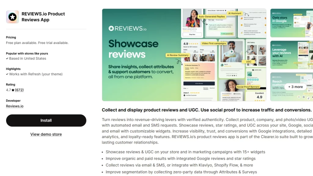 Shopify app homepage of Reviews.io, the Shopify product review app. 