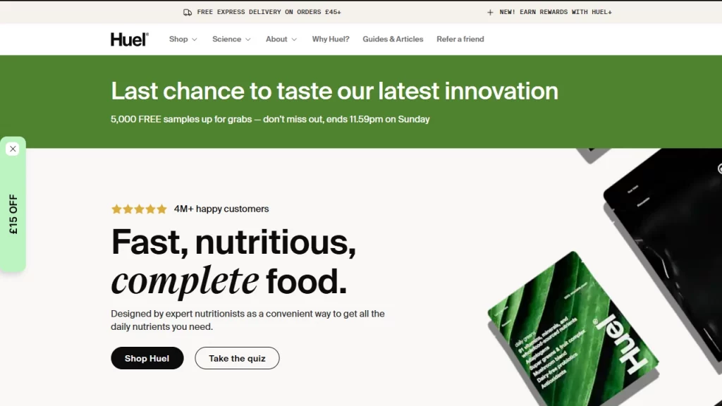 Homepage of Huel, one of the top Shopify brands. 