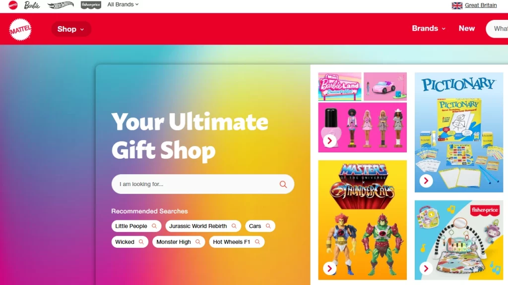 Homepage of Mattel, one of the top Shopify brands. 