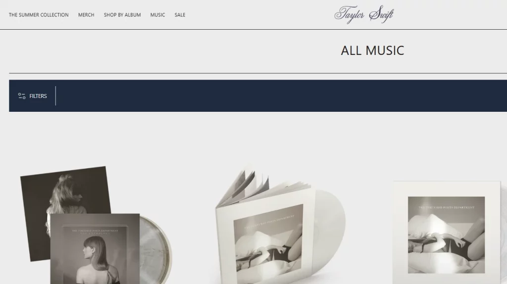 Homepage of Taylor Swift merch store, one of the top Shopify brands. 