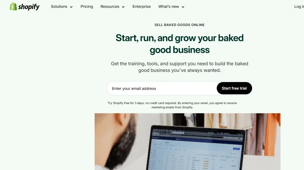 Shopify homepage for starting an online bakery business 