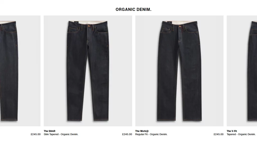 White background product shots from Huit Denim.