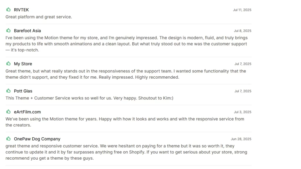 Reviews of the Motion Shopify theme. 
